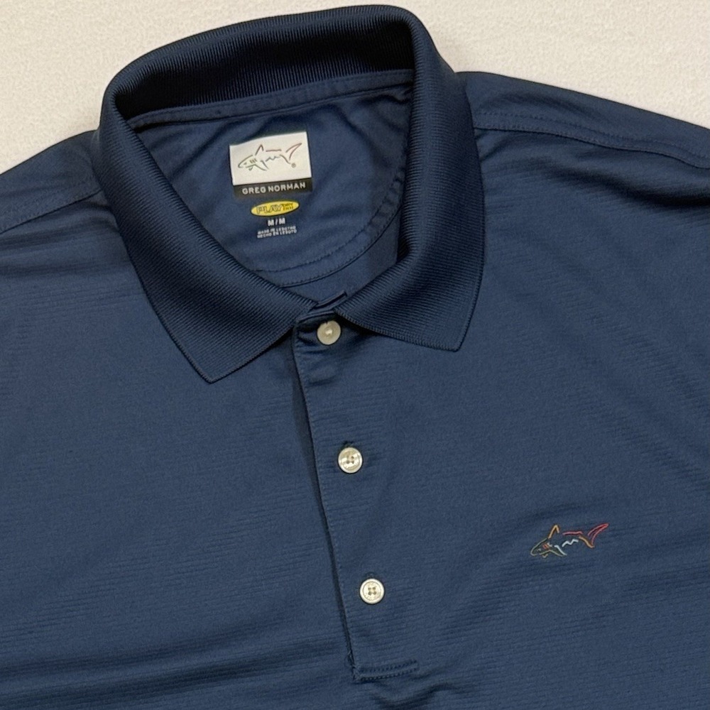 Greg Norman Play Dry Polo‎ Shirt Men M Blue Shark Logo Performance Golf Athletic